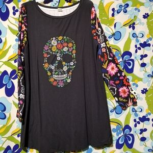 Long sleeve sugar skull shirt dress tunic XL